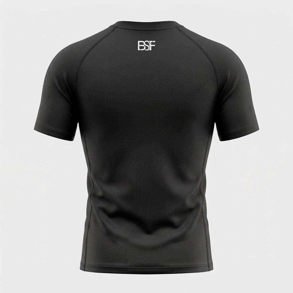 Maquette du t-shirt noir BSF, vue de dos avec logo blanc