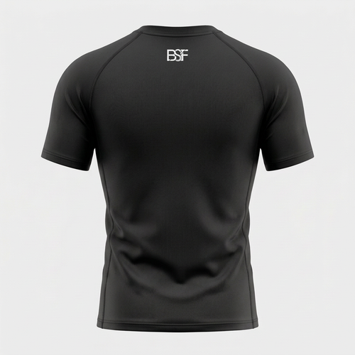 Maquette du t-shirt noir BSF, vue de dos avec logo blanc